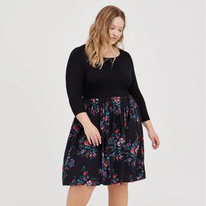 Skater Midi Dress - Two Fabric Floral Black(New w/o Tags)